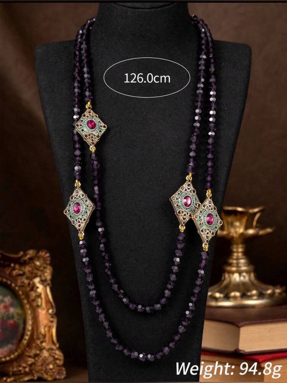 Long Purple Beaded Necklace with Gold Filigree Accents